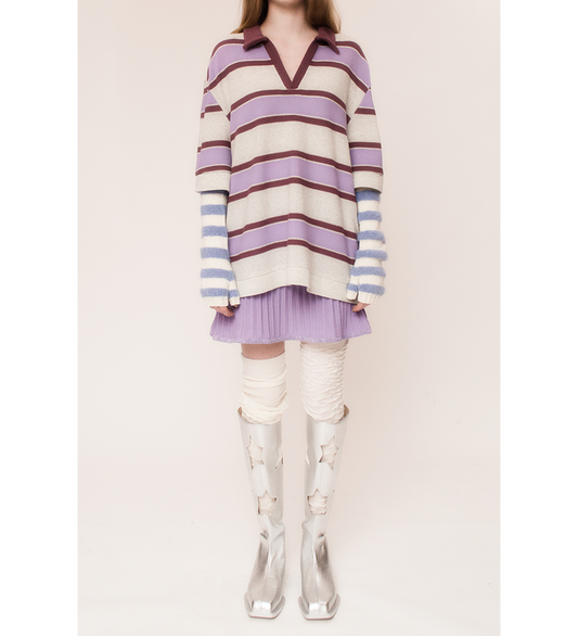 KNITTED MERINO POLO SHIRT GREY/LILAC