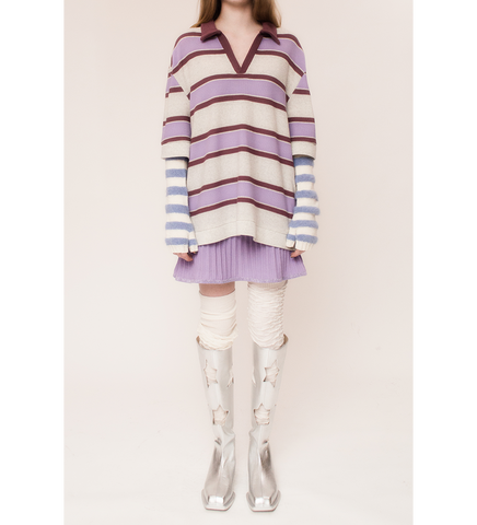 KNITTED MERINO POLO SHIRT GREY/LILAC