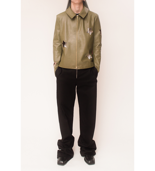 MATTE PANELED LEATHER JACKET WITH STAR CUT-OUTS OLIVE