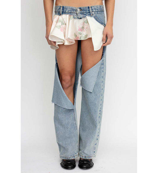 SLICED SKIRT JEANS DENIM BLUE/FLORAL PRINT