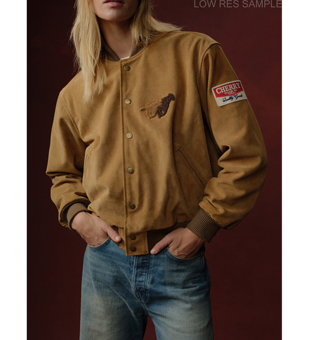 CHERRY LOS ANGELES X WRANGLER SUEDE VARSITY JACKET TAN