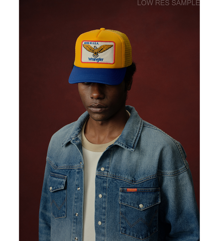CHERRY LOS ANGELES X WRANGLER BORN INUS TRUCKER HAT YELLOW/BLUE