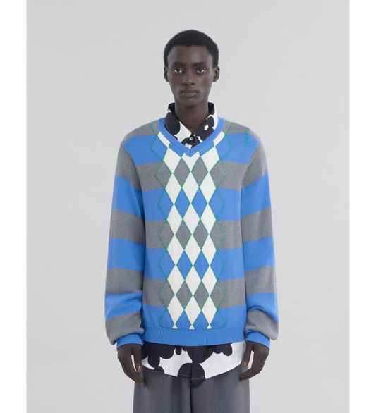 ARGYLE V NECK SWEATER BLUE/GREY/WHITE