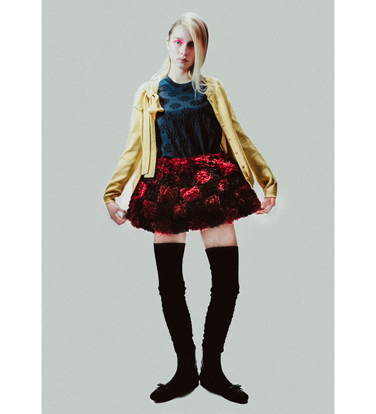 ARTISAN PATCH WORK MOHAIR FUR SKIRT NAVY/WINE