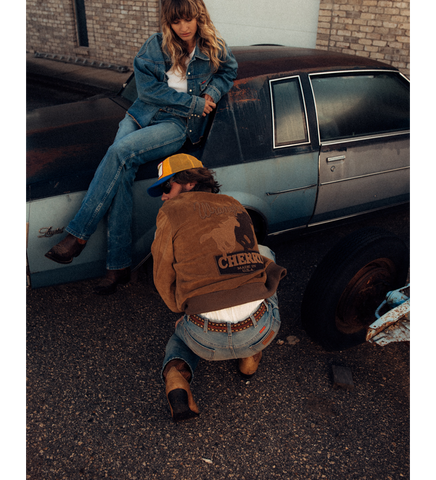 CHERRY LOS ANGELES X WRANGLER SUEDE VARSITY JACKET TAN