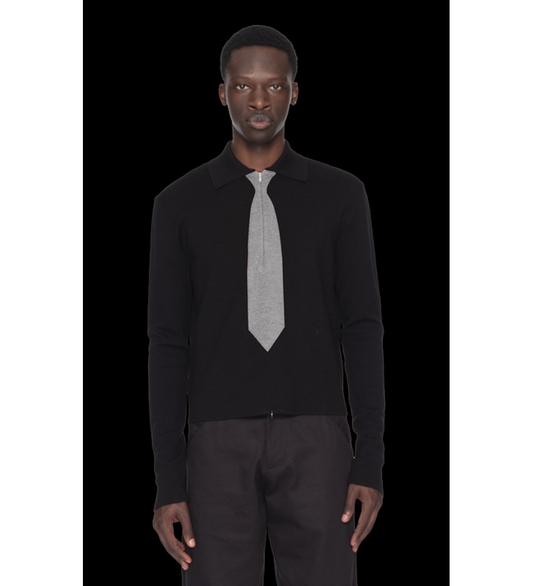 GRAY TIE KNITTED ZIP UP POLO BLACK