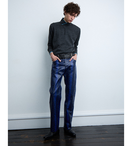 HIGH-NECK FINE WOOL POLO SWEATER DARK GREY/BLUE