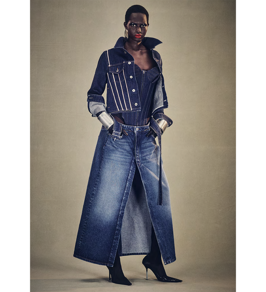 DENIM COAT WITH ZIP BELT AND REMOVABLE BOTTOM INDIGO