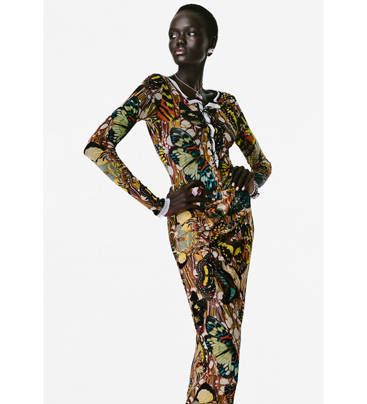 MESH LONG SLEEVE TOP WITH LACING DETAILS PRINTED PAPILLON YELLOW/MULTI