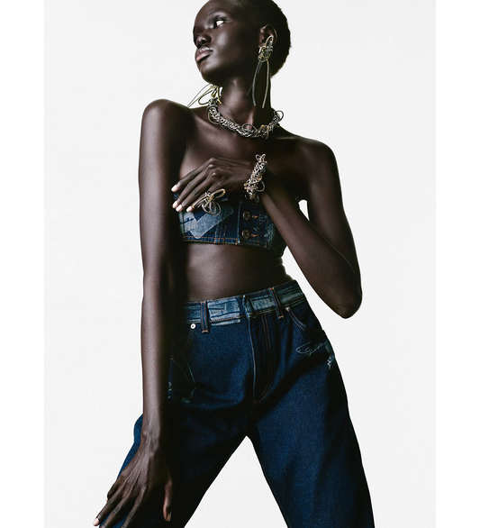 DENIM BRA WITH TROMPE L'OEIL PRINT VINTAGE BLUE