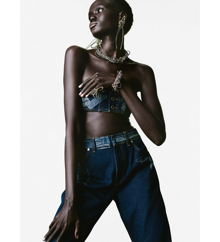 DENIM BRA WITH TROMPE L'OEIL PRINT VINTAGE BLUE