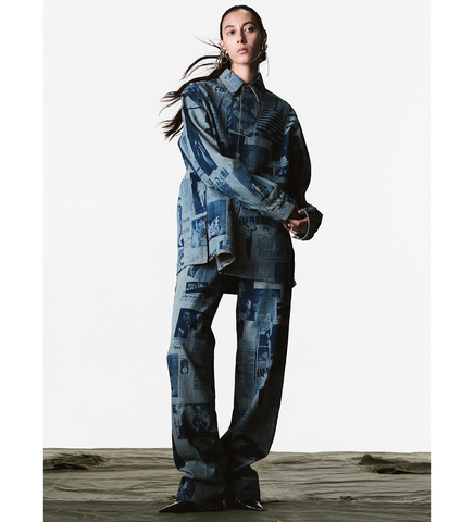 JEANS WITH NEWSPAPER PRINT INDIGO/BEIGE