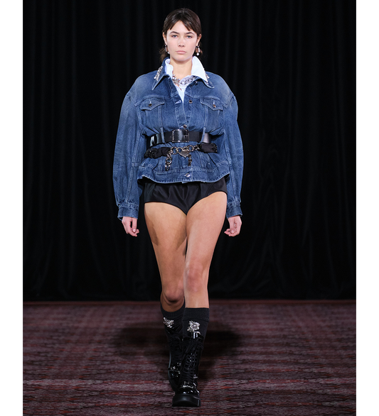 SCULPTED BELT DETAIL DENIM JACKET DISTRESSED BLUE/PEARL