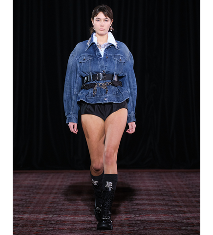 SCULPTED BELT DETAIL DENIM JACKET DISTRESSED BLUE/PEARL