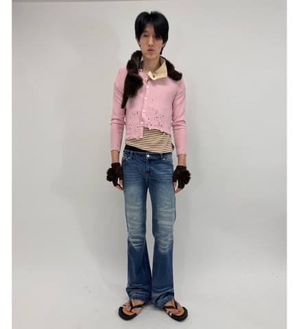 FAUX FUR TIPPET DISTRESSED CARDIGAN PINK/BROWN
