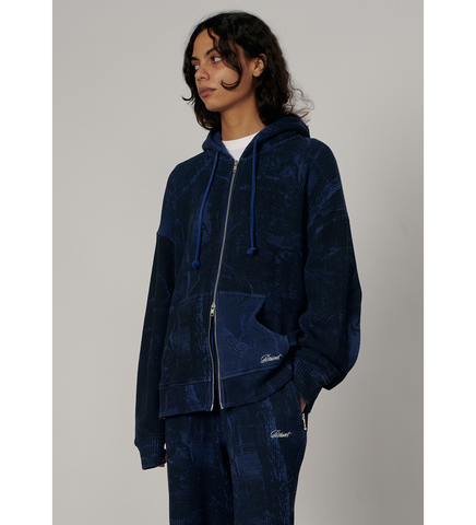 CONCEALED WASHED WAFFLE THERMAL ZIP HOODIE BLUE