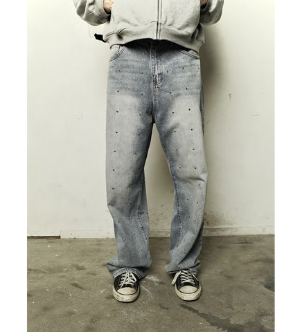 LAX BAGGY STUDDED DENIM WASHED BLUE
