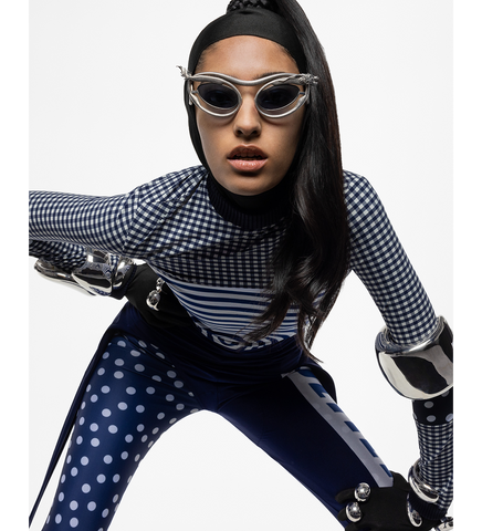 GINGHAM AND PRINT TARGET LONG SLEEVE WHITE/NAVY
