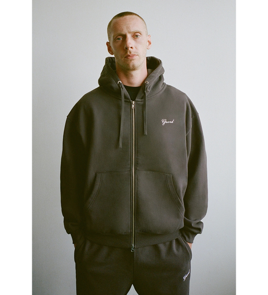 TWO WAY ZIP UP SCRIPT HOODIE ESPRESSO