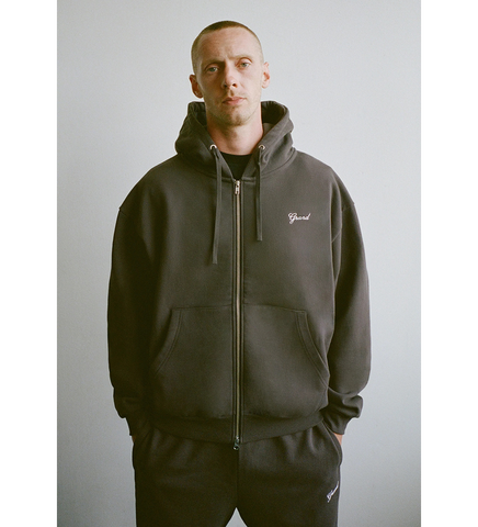 TWO WAY ZIP UP SCRIPT HOODIE ESPRESSO