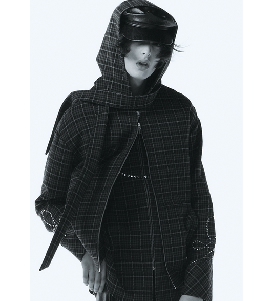 HOODED JACKET SCARF CHECK/SILVER