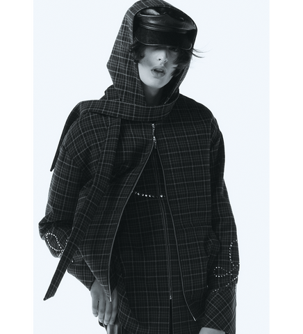 HOODED JACKET SCARF CHECK/SILVER