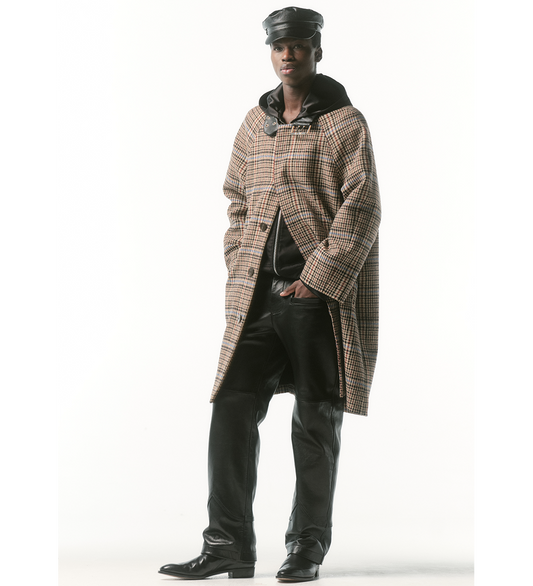 COLLAR BELT COAT CHECK/BLACK