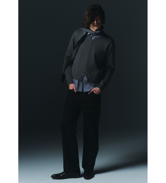 LACE UP KNIT CARDIGAN DARK GREY