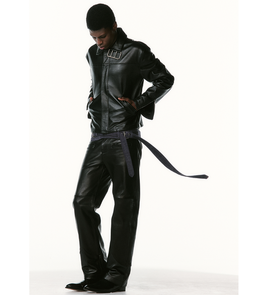 COLLAR BELT LEATHER JACKET BLACK
