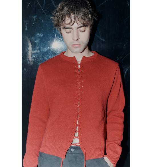 LACE UP KNIT CARDIGAN DARK RED