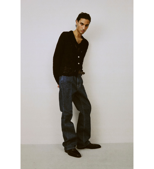 SLOW V-NECK BLACK RAGGED OPEN LINEN