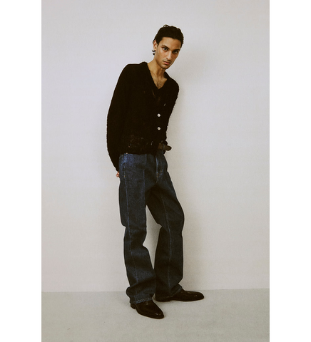 SLOW V-NECK BLACK RAGGED OPEN LINEN