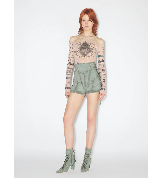 JEAN PAUL GAULTIER X KNWLS THE DENIM CORSET MINI SHORTS GREEN