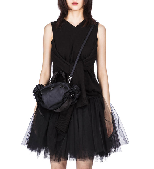 MINI DOUBLE RIBBON ROSETTE BAG W/ TURBO EMB BLACK/JET