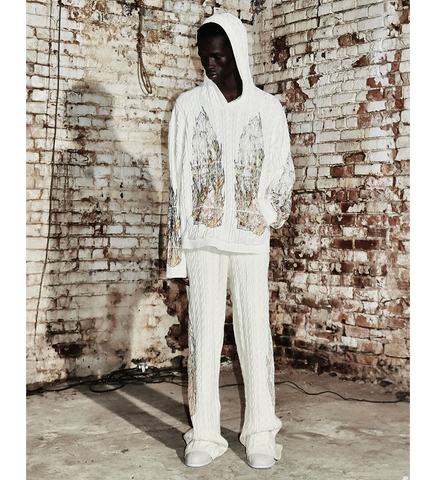 FLAME GLASS CABLE KNIT HOODED PULLOVER CREAM