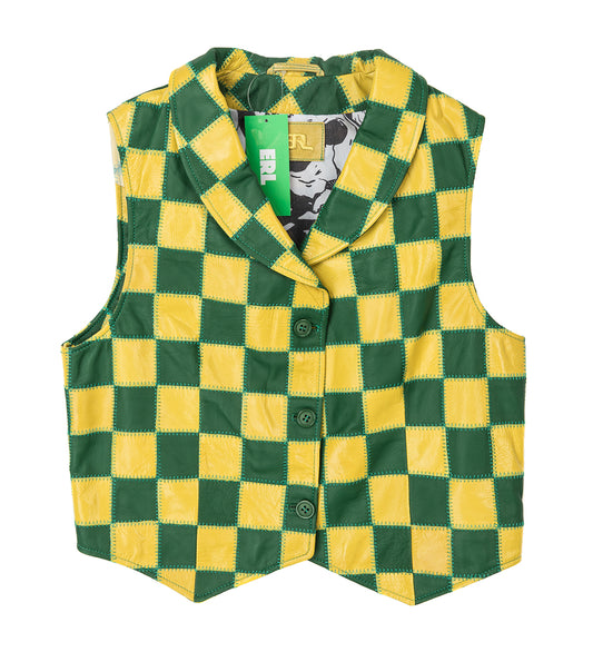 PATCHWORK CHECKERS LEATHER VEST YELLOW/GREEN