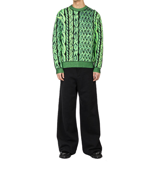 AGR MERINO CABLE JACQUARD CREW JUMPER GREEN