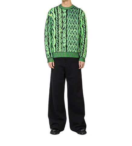 AGR MERINO CABLE JACQUARD CREW JUMPER GREEN
