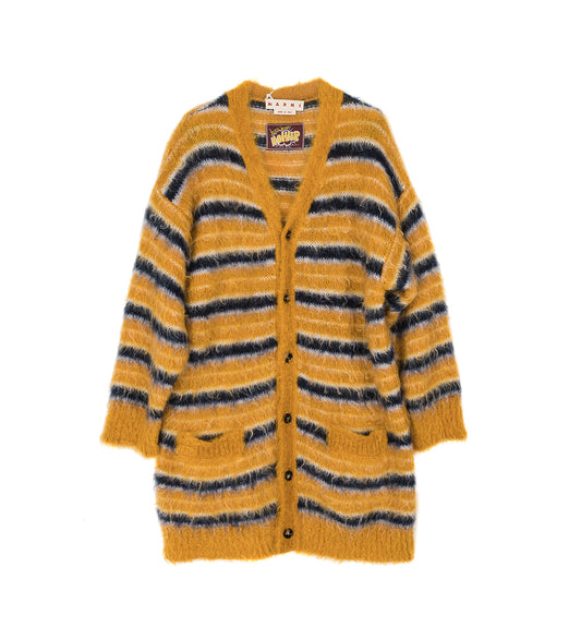 MARNI ICONIC STRIPED MOHAIR LONG CARDIGAN MAIZE